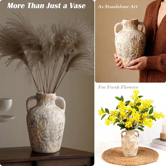 Vintage Wabi Sabi Ceramic Vase – Farmhouse Flower Vase with Handle, Rustic Decorative Pot for Entryway, Shelf, Floral Arrangement, Boho Home Decor