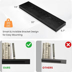 Floating Shelves for Wall, 31.5" W x 6.7" D x 1.5" H, Wooden Wall Mounted Display Shelves with Invisible Brackets for Living Room, Bedroom, Bathroom, Kitchen Decor and Storage, Set of 2, Black
