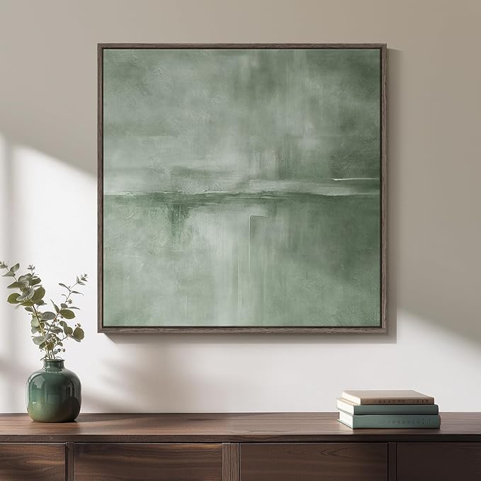 Framed Sage Green Abstract Wall Art, Modern Canvas Prints Artwork for Walls, Square Minimalist Green Abstract Pictures for Living Room, Hallway, Dining Room, Bedroom, Home Office Wall Decor 24x24 In