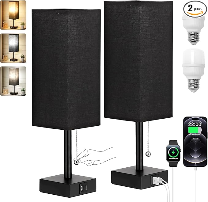 Bedside Table Lamps Set of 2 - Black Bedroom Lamps with 3 Color Temperatures (3000K/5000K/4000K), Two Square Nightstand Lamps with USB C + A Charging Ports, Pull Chain Small Night Light for End Table