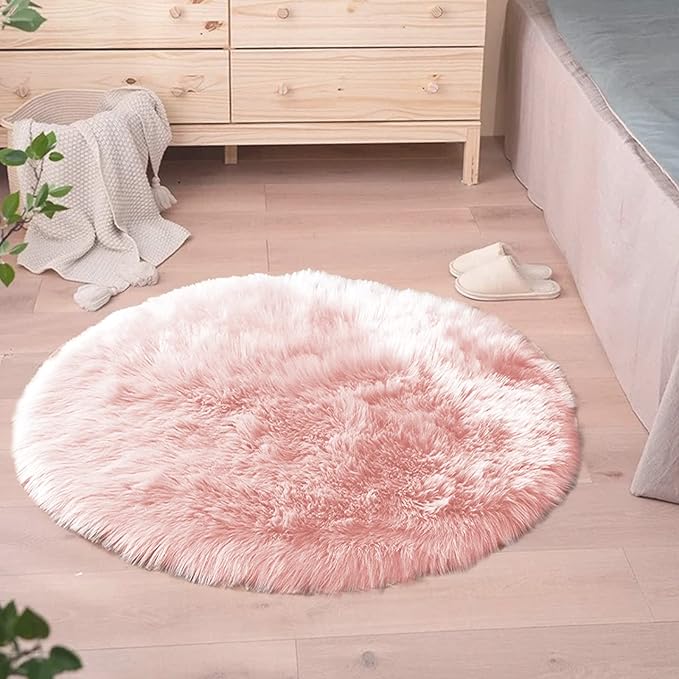 Goolela Pink Circle Rug - 4ft Round Shaggy Fuzzy Fluffy Washable Faux Fur Plush Rug for Living Room & Bedroom Home Decor