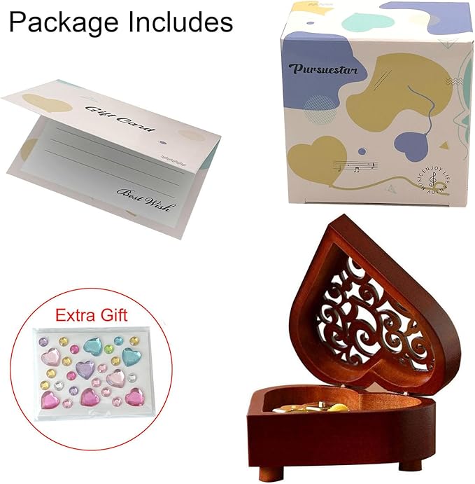 Pursuestar Once Upon a December Music Box, Heart Shaped Vintage Hollow Out Wood Mechanism YunSheng Movement Wind Up Musical Box Gifts for Birthday Wedding Valentine's Day