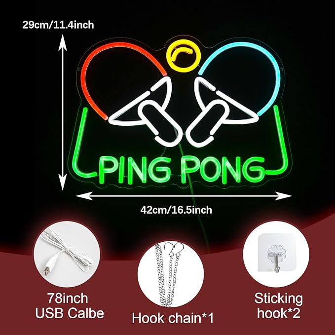 Ping Pong Neon Sign Table Tennis LED Light Up Sign for Wall Decor 16.5*11.4 In USB Dimmable Ping Pong Neon Light for Gymnasium Game Room Bedroom Gift for Table Tennis Enthusiasts(Multicolored)