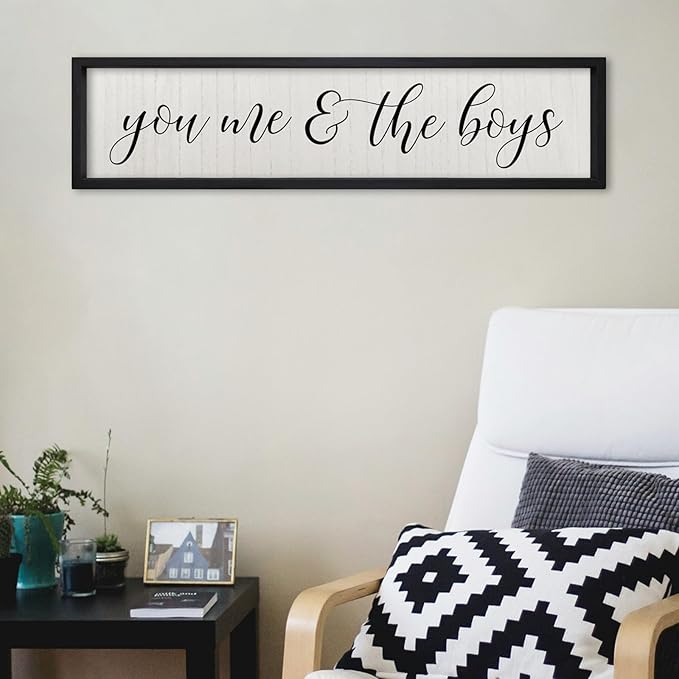 ZZJJHYWGQ You Me & The Boys Sign 32"×8" Playroom Kids Wall Decor Modren Nursery Baby Boy Home Wood Framed Living Room Horizontal Wall Art (Black)