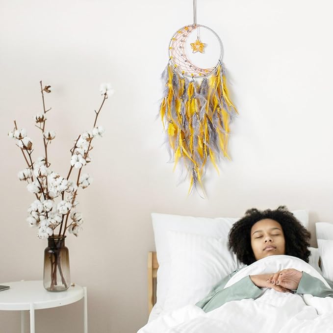 Dreamlike Moon Dream Catchers Wall Decor Crescent Dream Catcher with Crystal Stone Star Shaped Tree of Life Pendant Handmade Yellow Feather Dreamcatchers Wall Hanging for Girls Bedroom Wedding Gift