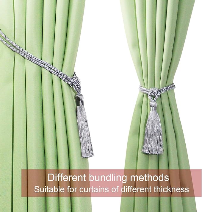 Fenghuangwu Curtain Tiebacks Tassel Tie-Backs, Rope Curtain tie Backs Handmade Curtain Holdbacks Made from Polyester (Silver, 4p)