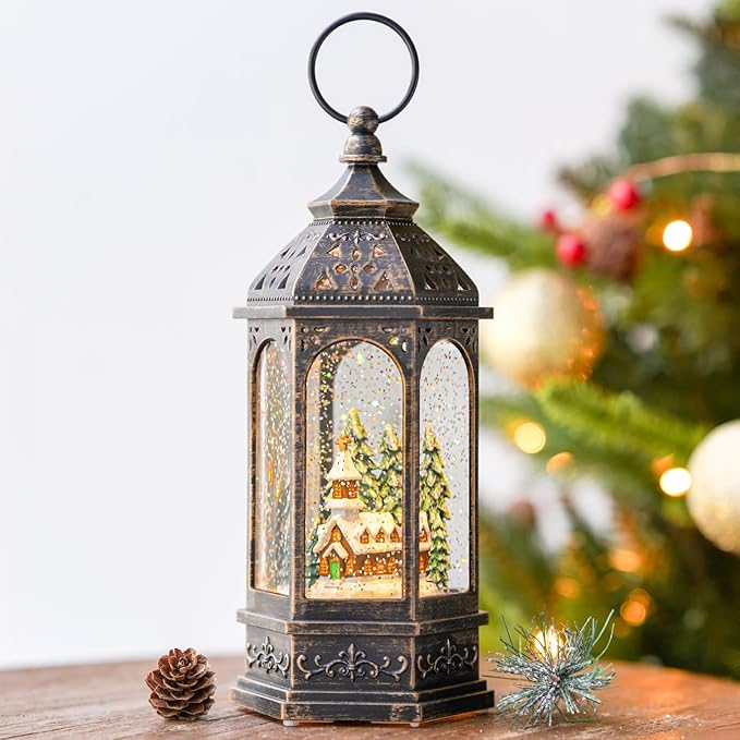 Christmas Snow Globe Lantern Lighted Church Musical Snow Water Lantern Swirling Glittering Home Decoration and Gift, Battery Operated or USB Powered