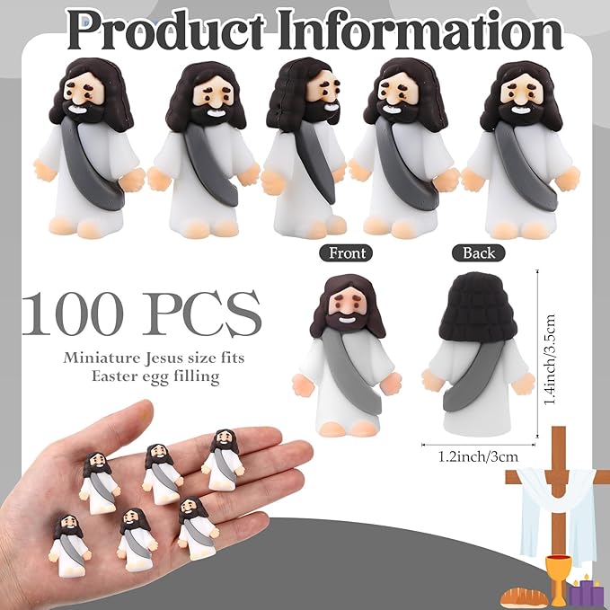 Bememo 100 Pcs Jesus Toys Original Design Mini Rubber Little Jesus Figurine to Hide and Seek Religious Party Favors Sunday School Craft Baptism Gifts for Easter Egg Stuffers (Gray)
