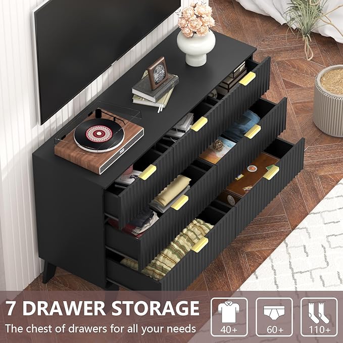 Fluted Dresser for Bedroom,7 Drawer Dresser for Closet,Storage Cabinet and Chest of Drawers with Gold Handle,TV Stand,Storage Organizer for Living Room,Hallway,Entryway,Black