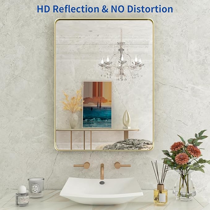 WEER Gold Bathroom Mirror, 36X30 Inch Brushed Gold Metal Frame Mirror, Rounded Rectangle Gold Bathroom Vanity Mirror for Wall, Tempered Glass, Anti-Rust, Hangs Horizontally or Vertically