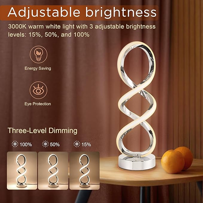 Modern Spiral RGB Table Lamp, Touch Dimmable Bedside Lamp, 7 Colors 10 Light Modes Spiral Design Table Lamp, Unique Nightstand Lamp for Living Room, Bedroom, Cool Lamps, Sliver