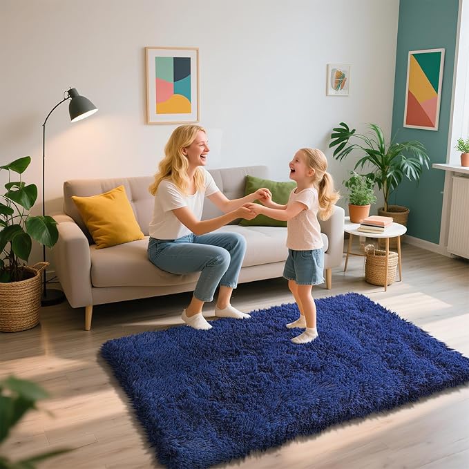 Shag Area Rug for Bedroom 3x5,Blue Fluffy Area Rugs for Living Room,Soft Fuzzy Rug Non-Shedding Indoor Plush Carpet for Kids Bedroom Nursery Dorm Home Decor