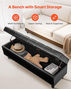 VEVOR Button-Tufted Storage Ottoman Bench, PU Leather Bench with Storage and Solid Wood Legs, Modern Shoe Benches Seat for Entryway, Upholstered End of Bed Benches for Living Room, Dining Room, Black