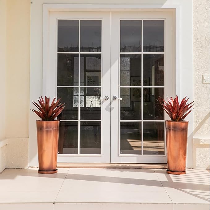 28in Tall Antique Copper Metal Vintage Planter Set of 2,Galvanized Steel Planter Pots for porches/Indoor/Outdoor/terraces Patio- Copper Color(2planters,2inner pots with Holes, 2trays)