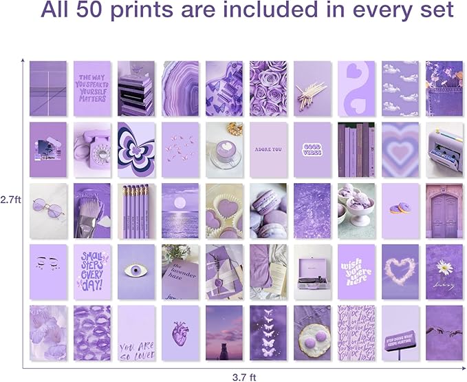 Soft Purple Dreamy Aesthetic Wall Collage Kit – 50 Mystical & Classic Photos, 4"x6" Semi-Gloss Prints for Teen Girls Dorm Room Decor, Elegant Purple Moments, Ideal Gift for Birthday & Graduation