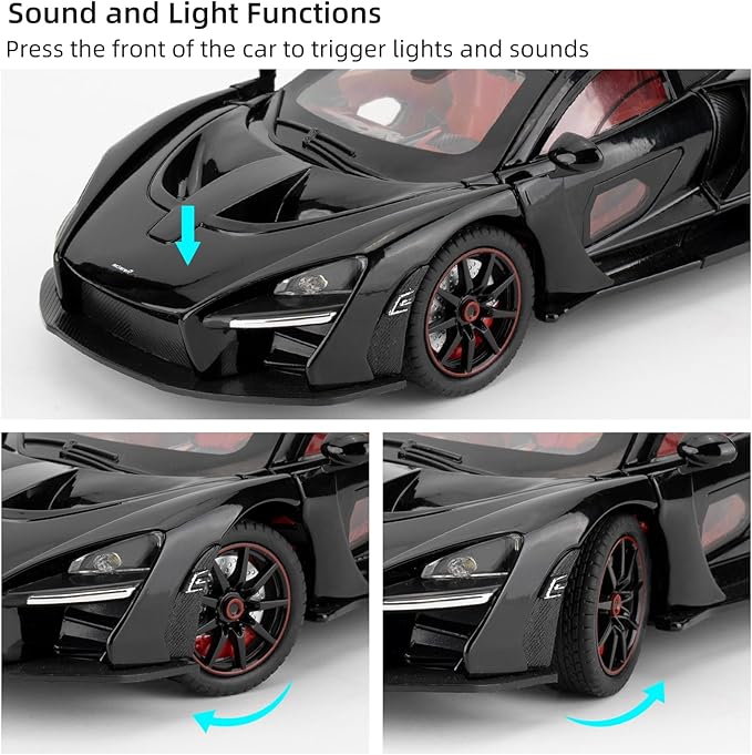 1:24 Scale Car Model Compatible for Collectible McLaren Senna Super Sports Car Toys, Zinc Alloy Pull Back Toy Vehicle with Sound and Light for Adult Boys Girls 3 4 5 6 7 8 (Black)