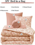Full Comforter Set -7 Pieces Clay Pink Floral Comforter Set for All Seasons, Bed in a Bag Full with Botanical Flowers Comforter, Sheets, Pillowcases & Shams