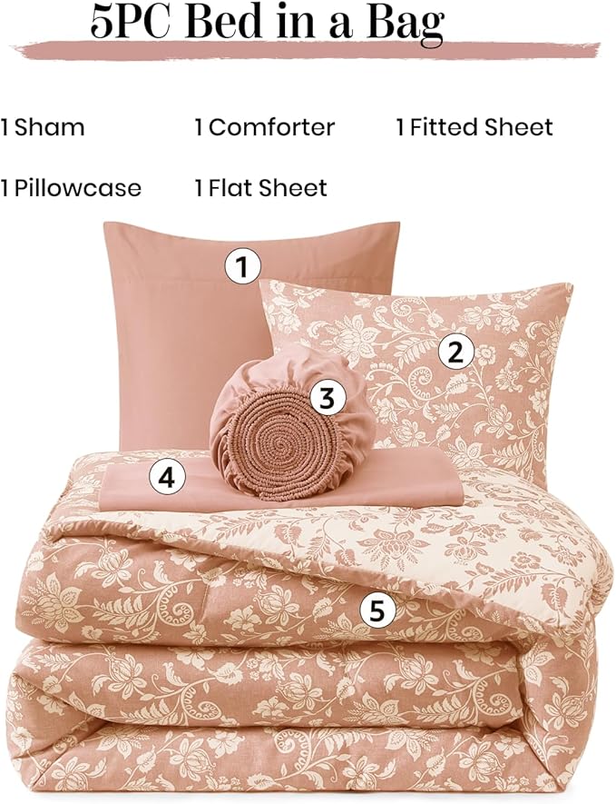 Full Comforter Set -7 Pieces Clay Pink Floral Comforter Set for All Seasons, Bed in a Bag Full with Botanical Flowers Comforter, Sheets, Pillowcases & Shams