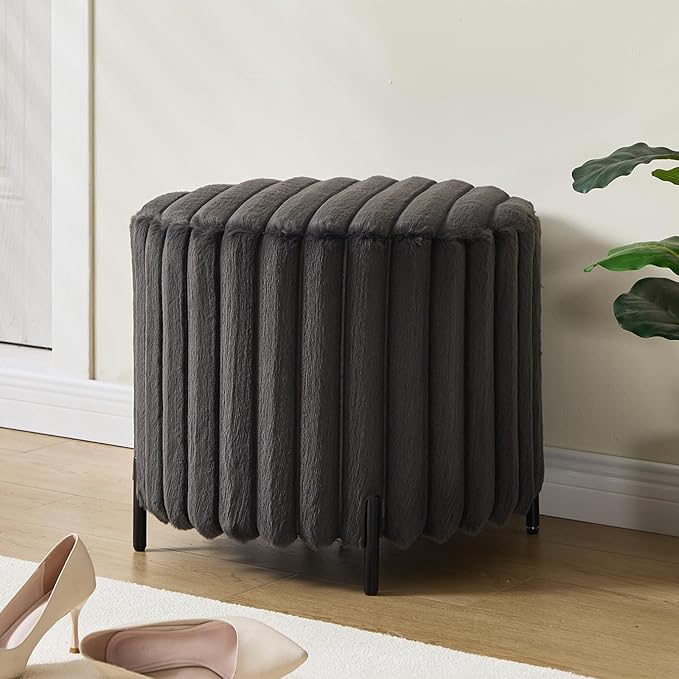 Furniliving Modern Round Ottoman, Large Size Bedroom Ottoman Footstool Round Ottomans Stool for Living Room, Bedroom, Makeup Room, Black, Faux Fur