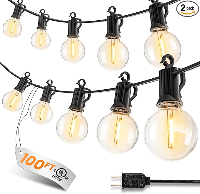 Outdoor-String-Lights-Paio-Lights, 100FT (50FT*2) 50+2 Shatterproof Bulbs Outdoor Patio Lights, IP65 Waterproof Connectable Hanging Outside Light for Backyard, Porch, Deck, Balcony, 2200K