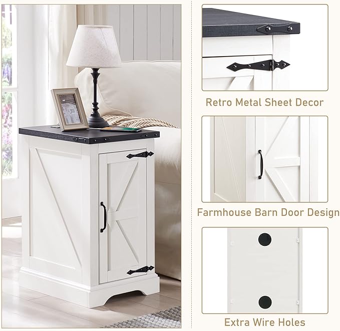 JXQTLINGMU Farmhouse Nightstand Set of 2 with Charging Station, 17" D Rectangular End Table with Barn Door & Adjustable Storage Shelf, Wood Rustic Sofa Side Table for Living Room, Bedroom, White