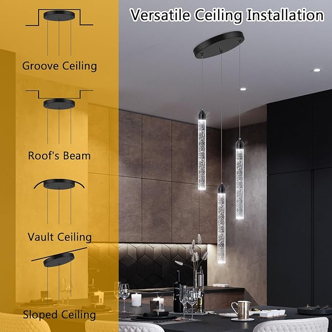 3 Light Black Pendant Lighting Mini Chandelier for Kitchen Island Modern Crystal LED Pendant Light Adjustable Dimmable Pendant Light Fixture for Dinning Room Bedroom Ceiling Hanging Lights 2700K 6000K