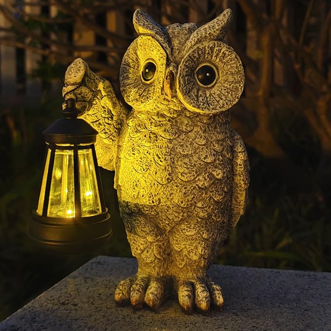 Garden Statues, owl Outdoor Figurines Decorated with Solar Lights, Unique Christmas Birthday Gifts for Moms, Grandmas, Women, Wives, Sisters (Grey Owl1)
