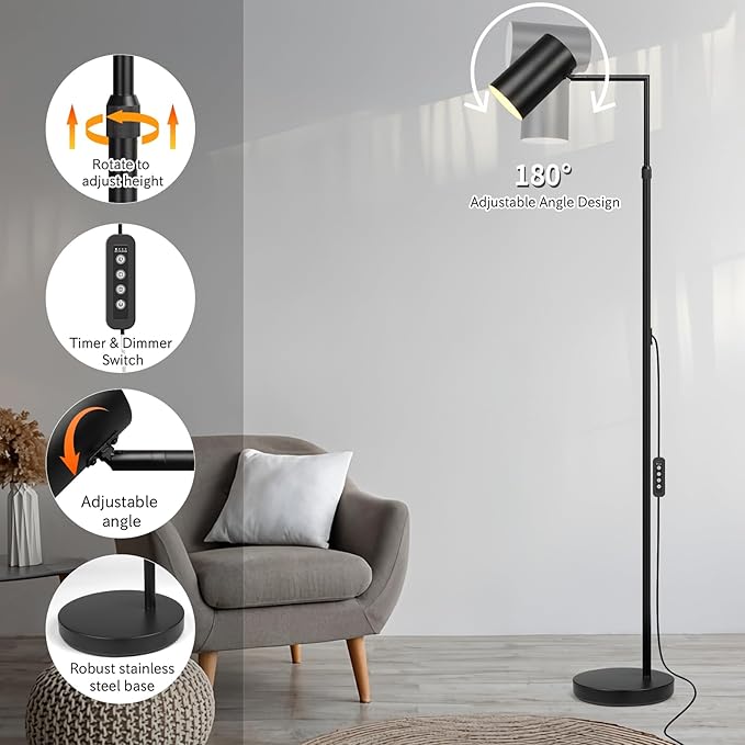 Arc Black Floor Lamp for Living Room with Timer, Stepless Dimmable&Height Adjustable Modern Reading Standing Lamps for Living Room,Reading Room,Office,LED Bulb Included (Black-DM)