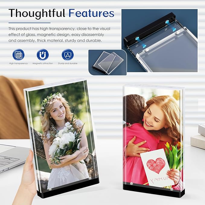 magnetic photo frames 3-Pack–10+10mm Thick Block /With Magnetic Base | Clear Stereoscopic 5x7 Desktop glass picture frame | Aesthetic Home Decor for Offices, Gifts & Memory Showcase (5×7 vertical)