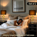 Sculptural Table Lamp Set of 2 for Bedroom, 26” Gold Leaf Farmhouse Bedside Lamps for Living Room, Pull Chains Switch Rustic Nightstand Lamp Marble Base with USB for Home Room Decor (Bulbs Included)