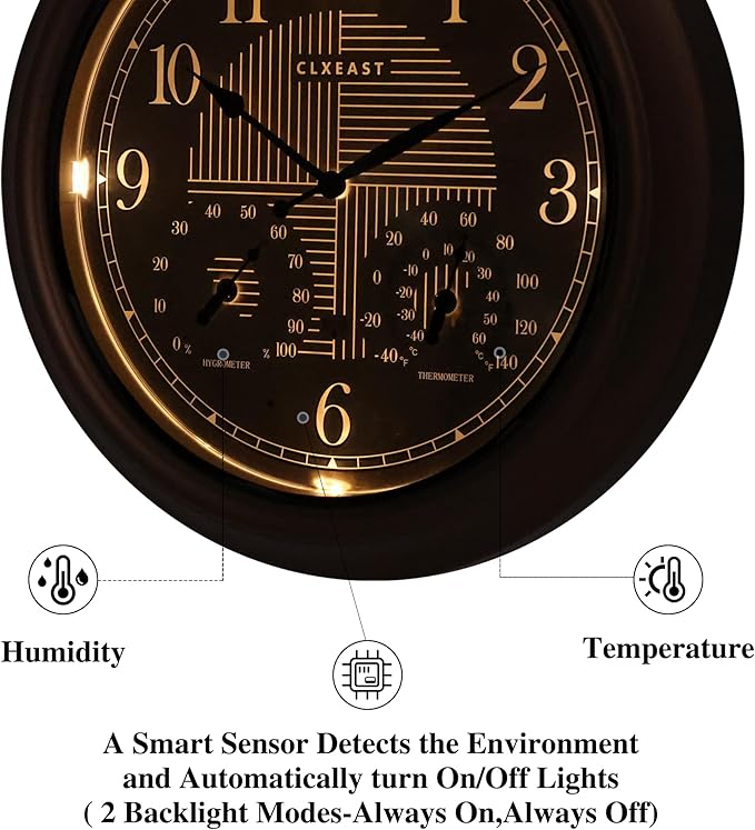 CLXEAST 18 Inch Illuminated Outdoor Indoor Atomic Analog Wall Clock with Temperature & Humidity, Lighted Outdoor Clocks for Patio Large Waterproof with Thermometer,Bronze Finish,House Warming Gifts