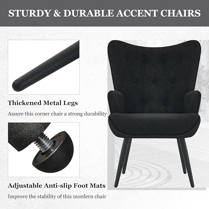 Furnimart Faux Fur Black Accent Chair Wing Back Modern Living Room Chairs, Comfy Armchair Leisure Vanity Guest Chair for Office Vanity Bedroom Waiting Room Black Faux Fur