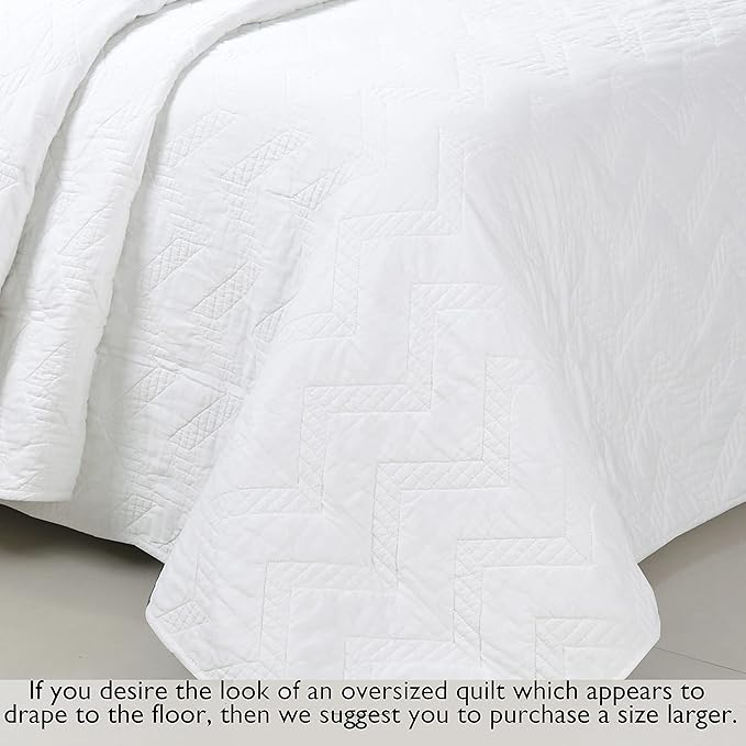 Cozy Line Home Fashions 100% Cotton Geometric Modern Zig Zag Stitch Solid White Quilt Bedding Set, Coverlet, Bedspread Lightweight for All Season (Chevron, King - 3 Piece)