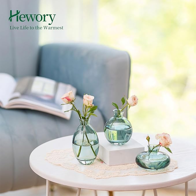 Glass Bud Vases Set of 3, Hewory Cute Green Small Vases Handmade, Mini Glass Flower Vase for Floral Arrangements, Tiny Centerpiece for Home Office Wedding Party Events Table Decor (Not Include Flower)