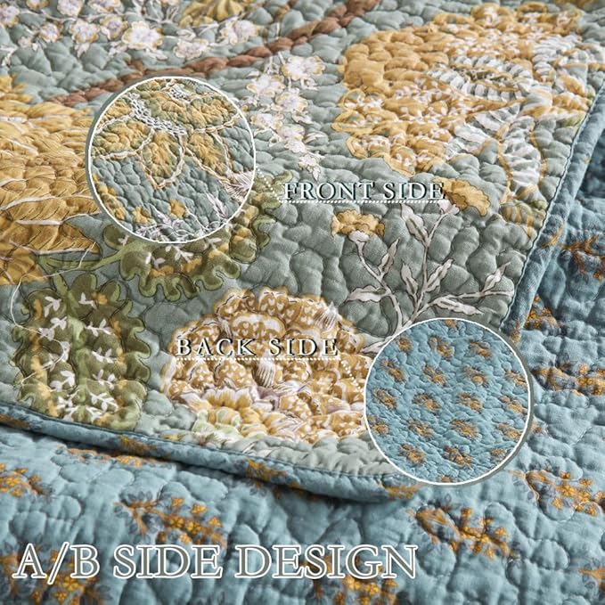 Cotton Bedspread Bedding Coverlet Quilt Sets, Reversible Vintage Branch Floral Bedspread comforters, (Rustic Sage Green Floral Pattern, Queen Size)