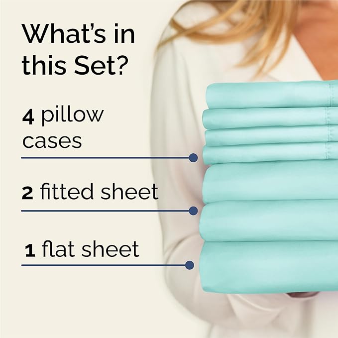 Split King Sheets Set 7 Piece - Includes 4 Pillowcases - Bed Sheets Split King - Soft Hotel Luxury Bedding - Cooling, Comfy & Breathable - 1 Flat & 2 Fitted & 4 Pillowcases w/ Deep Pockets - Spa Blue