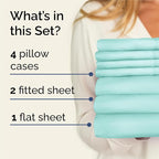 Split King Sheets Set 7 Piece - Includes 4 Pillowcases - Bed Sheets Split King - Soft Hotel Luxury Bedding - Cooling, Comfy & Breathable - 1 Flat & 2 Fitted & 4 Pillowcases w/ Deep Pockets - Spa Blue