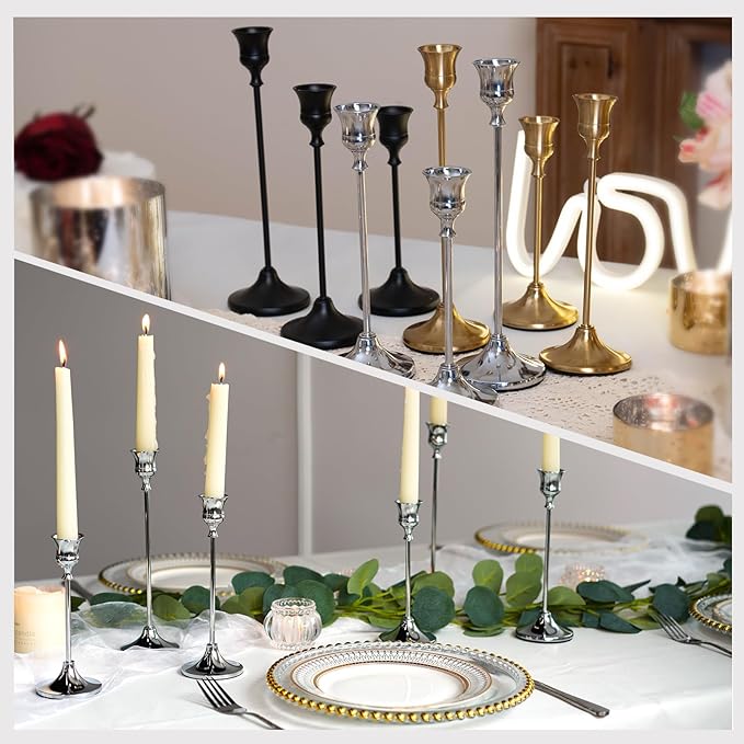 CHILL RECIPE Silver Taper Candle Stick Holders Tall Candle Holder, Vintage Candlesticks Holder Bulk for Home Decor Table Centerpiece Dining Party Festival Decorations (4 Set 12Pcs)