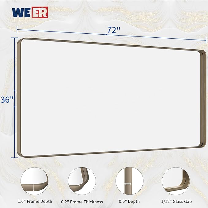 WEER 72x36 Inch Bronze Bathroom Mirror for Vanity, Brushed Bronze Metal Frame Mirror for Wall, Rounded Rectangle Bronze Frame Mirror with Tempered Glass, Anti-Rust (Horizontal/Vertical)