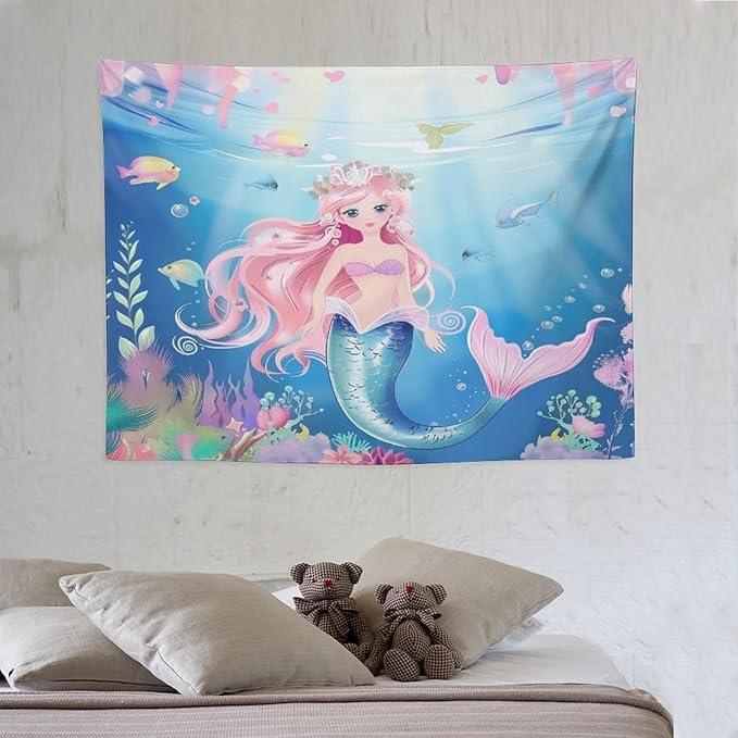 HZOHNAGO Mermaid Girls Tapestry Watercolor Mermaid Princess Pattern Printed Wall Tapestry Wall Hanging for Bedroom Living Room Dorm 40" W x 30" H