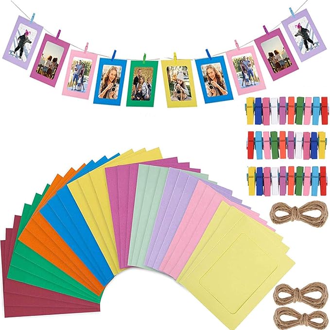 Colorful Paper Photo Frame 30 Pcs DIY Creative Retro Kraft Paper Polaroid Films Hanging Album Frame with Mini Clips and Hemp Ropes for Home Dorm Office 6 inch 10 Colors