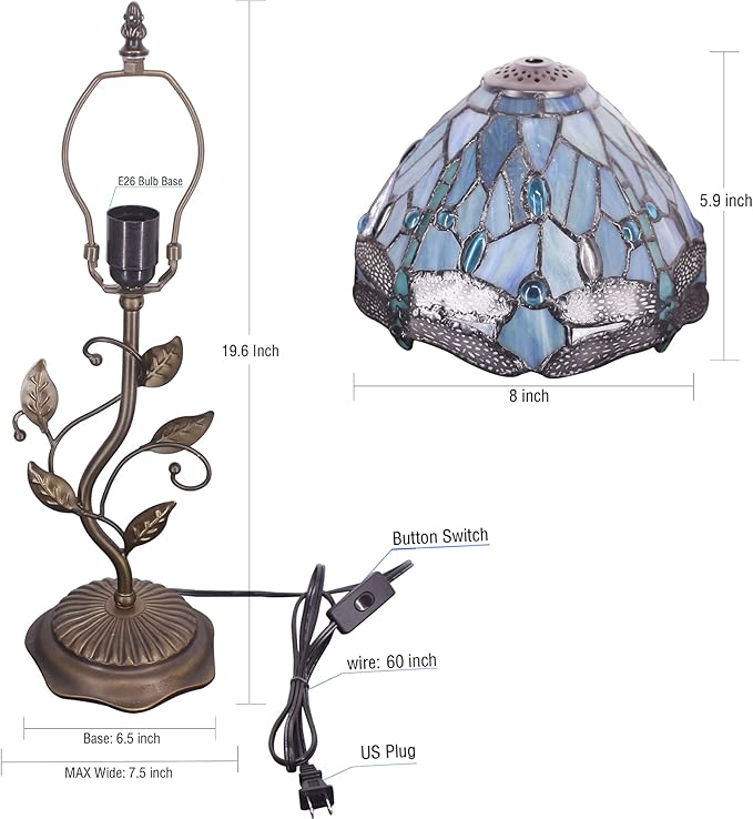 Small Tiffany Lamp Stained Glass Table Lamp Metal Leaf Accent Desk Memory Lamp Sympathy 8X20 Inch (Sea Blue Dragonfly Style)