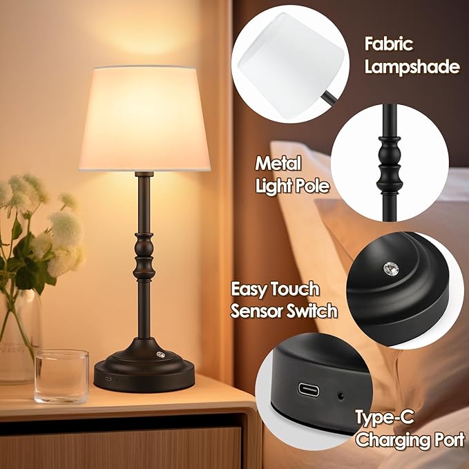 GGOYING Set of 2 Rechargeable Cordless LED Table Lamps, 4-Level Dimmer, Black Portable Desk Lamps with White Fabric Shades, Night Light for Dining, Bedroom and Patio