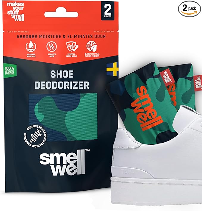 SmellWell - Scented Shoe Deodorizer Inserts - Odor Eliminators - Activated Bamboo Charcoal + Minerals - Natural Freshenes for shoes, bags, gloves - 2 x 1.8oz Original Size Camo Green