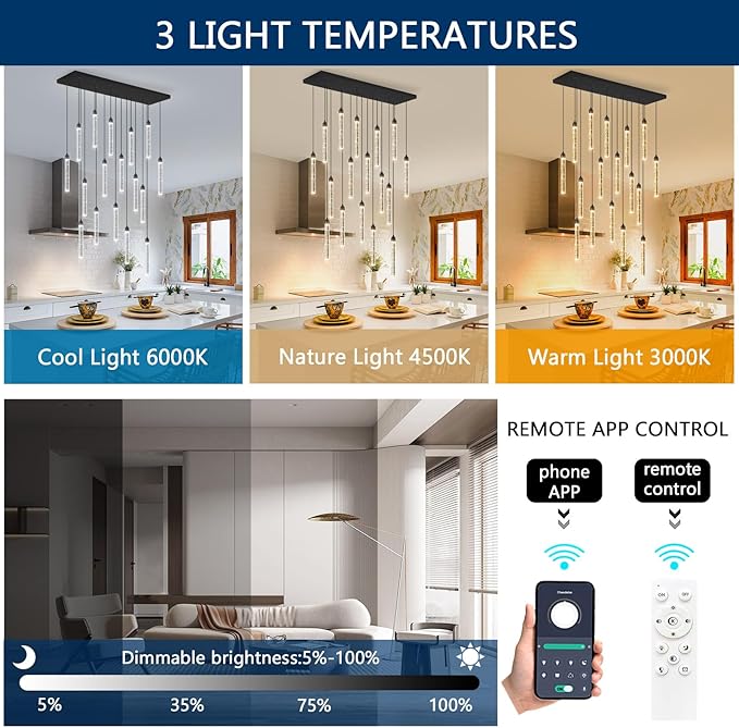 Rectangular Chandeliers 17-Lights Long Light for Entryway LED Dimmable Chandeliers Lighting Fixture Flat Sloped High Ceiling Pendant Lights Crystal for Living Room Foyer Hallway Staircase Black