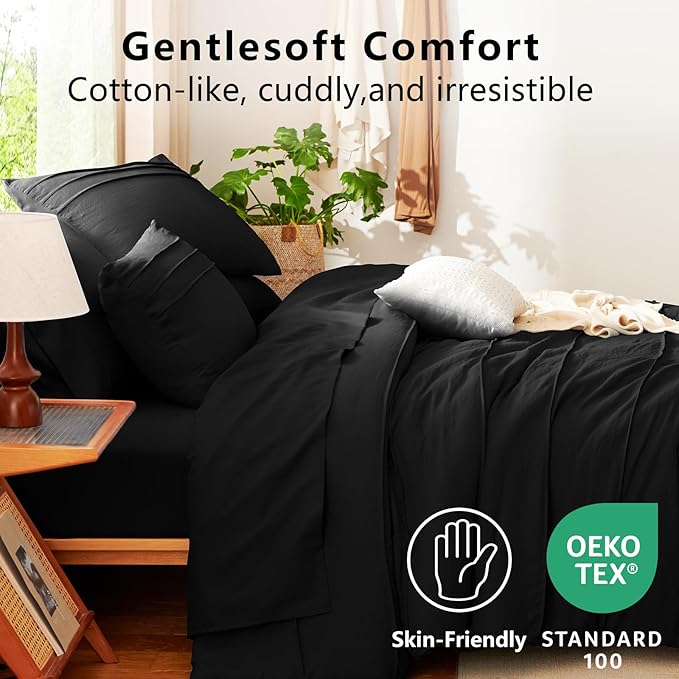 CozyLux Queen Comforter Set Black, 7 Pieces Soft Pinch Pleat Bed in a Bag Queen Comforter Set with Sheets, Boho Bed Set with Down Alternative Comforter, Sheets, Pillowcases & Shams