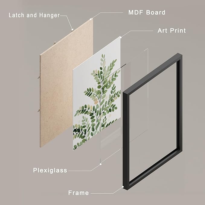 SIGNWIN Framed Green Pastel Forest Fern Leaf Wall Art, Set of 4 Collage Nature Garden Wall Decor Prints, Nature Wilderness Wall D¨¦cor for Living Room, Bedroom - 12"x16" Black