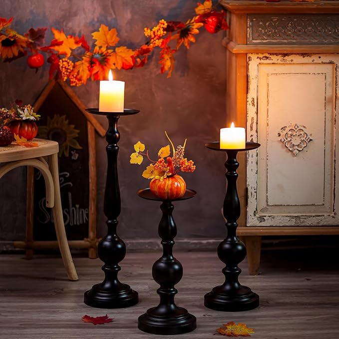 Sziqiqi Pillar Candle Holders Tall - Set of 3 Black Candle Stand for Pillars Large Metal Candleholder Sets Decorative for Christmas Halloween Living Room Easter Entryway