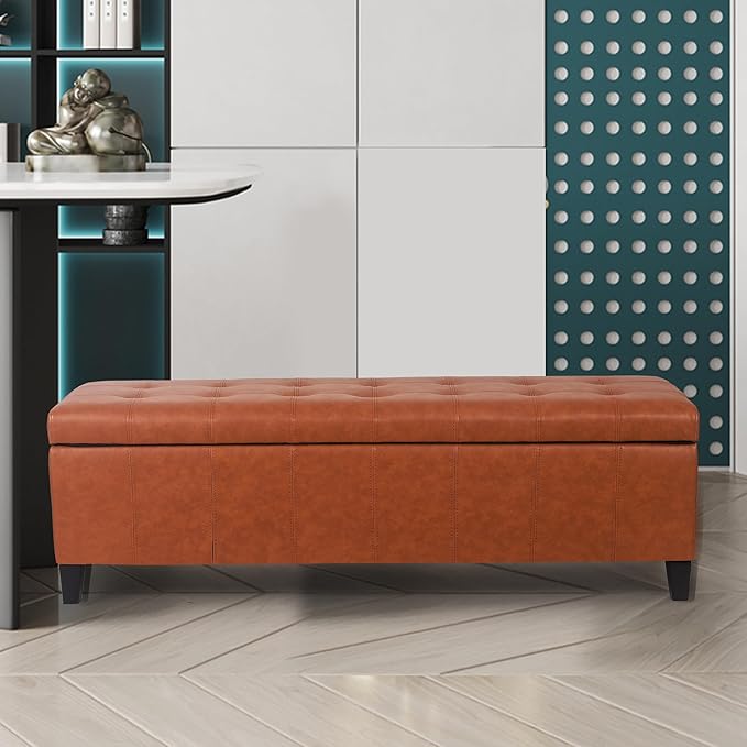 Joveco 51 Inch Storage Ottoman Bench,Tufted Leather Storage Bench for Bedroom (51”,Dark Orange)