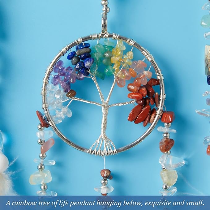 7 Chakras Dream Catchers Tree of Life Dream Catcher White Feather Dreamcatcher Wall Decor with Healing Crystal Stone & Fluorite Wall Art Hanging for Bedroom Home Decor Bless Gift Wedding Garden